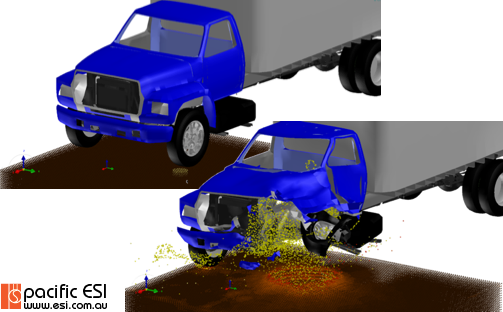 Illustration of before and after images for the unprotected vehicle experiencing an under-tyre IED.