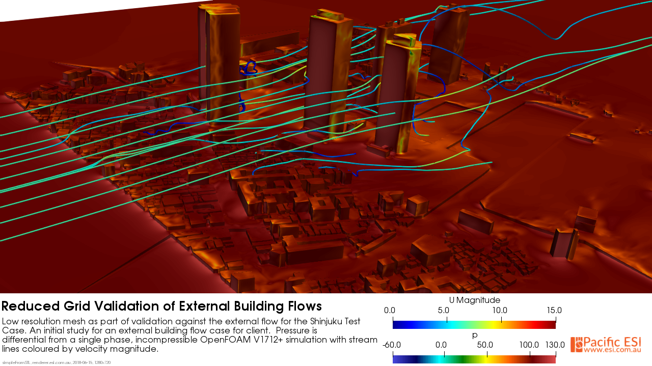 Urban canyon wind visualised with stream tubes and surface pressures.