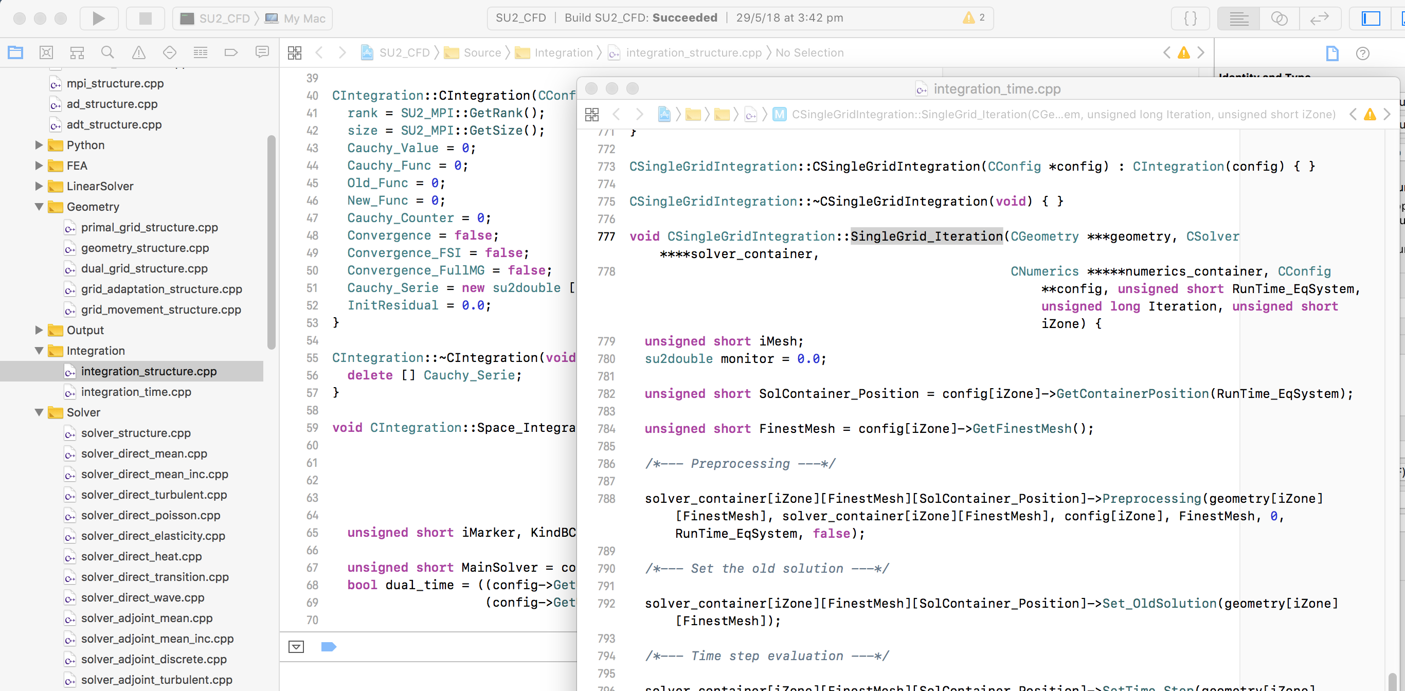 C++ code environment working on the Open Source SU2 CFD code