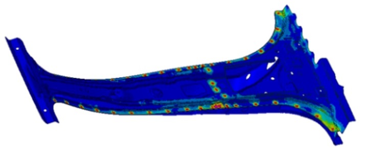 Residual stress after assembly (spot welds): without forming history