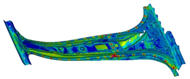 Residual stress after assembly (spot welds): with forming history