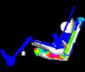 imulation of the dummy positioning on the complete (trimmed) seat (cut view, compression stresses: blue=low, red=high)